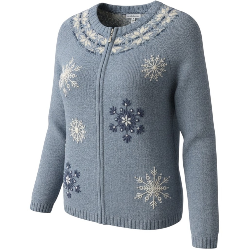 Croft & Barrow Blue and White Snowflake Full Zip Sweater Size M